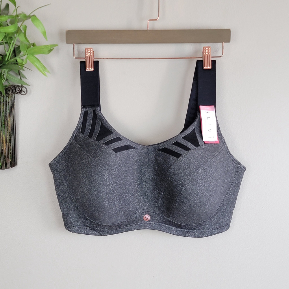 NEW LIVI Max Support Underwire Wicking High Impact Sports Bra Gray Black 42F